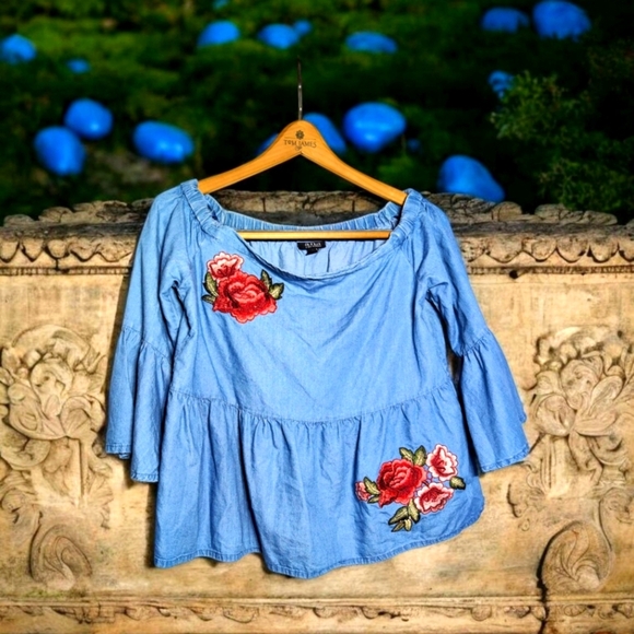 Ana Sz S Off The Shoulder Blue Denim Floral Embroidered Women's Top - Picture 1 of 6